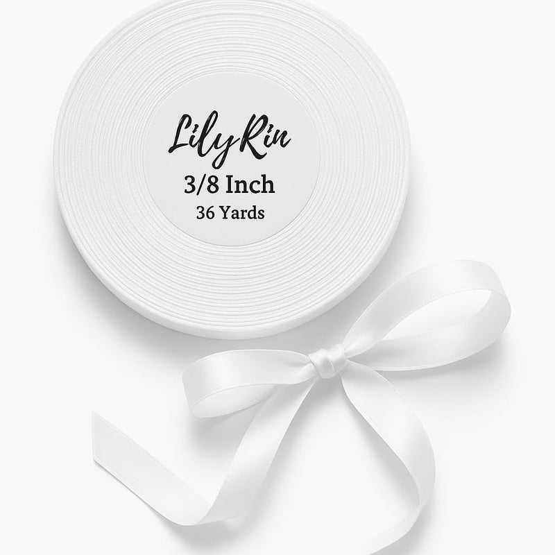 LilyRin White Ribbon 3/8 Inch x 36 Yards Perfect for Scrapbooking Art Wedding Wreaths Baby Showers Gift Wrapping Birthday Decorations Christmas Crafts DIY Projects Satin Floral Arrangements Party Favors - Image 1